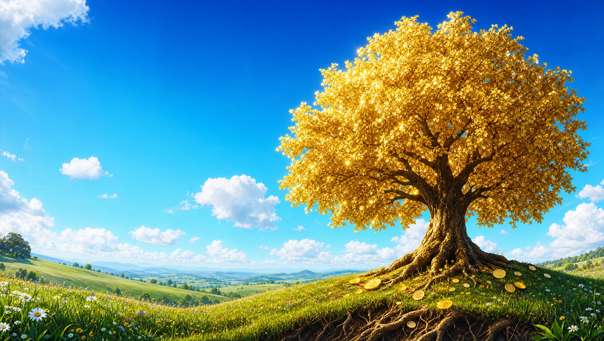 A tree with golden foliage on a meadow hill under a bright blue sky, gold coins in the grass, roots reaching into the earth.