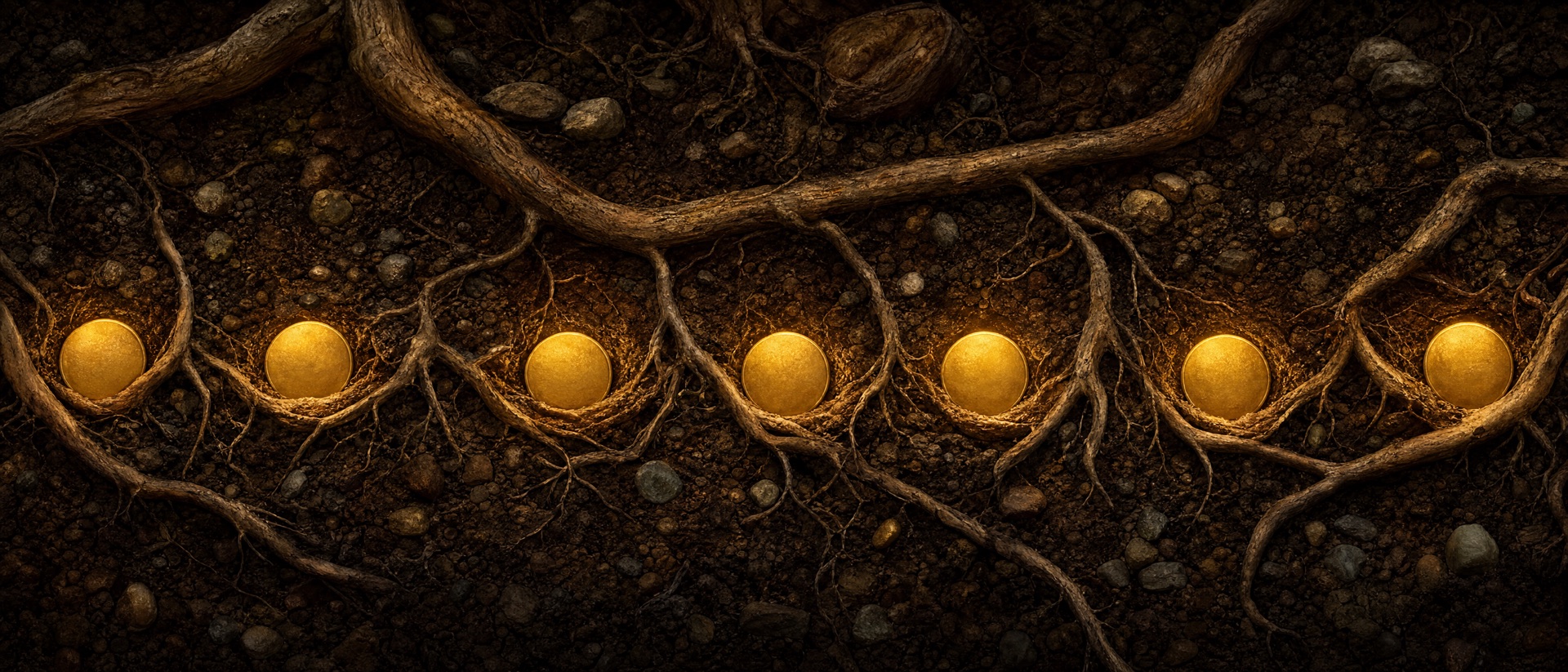 A soil cross-section: thick roots holding a row of glowing gold coins in their pockets.